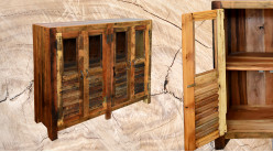 Buffet en bois massif à 4 portes, ambiance vieux volets à persienne finition usée, 117cm