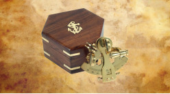 Reproduction d'un sextant de poche en laiton doré avec coffret en bois massif, 7cm