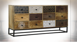 Commode 12 tiroirs motifs arabesques en bois de manguier finition naturelle ambiance orientale, 142cm