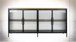 Buffet 4 portes en verre gaufré et métal finition noire ambiance industrielle, 161cm