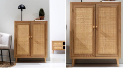 Armoire d'appoint à 2 portes, en bois de chêne et habillage rotin, finitions naturelles, 104cm