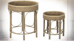 Série de 2 tables d'appoint avec galeries en rotin finition naturelle ambiance tropicale, 55cm