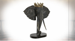 Trophée éléphant avec couronne en résine finition noire et dorée, 57cm