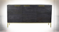 Buffet à 3 portes de style contemporain en bois de manguier finition dorée et noir charbon, 145cm