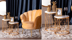 Série de deux tables rondes en métal doré et marbre, base effet grillagée, ambiance moderne, Ø43/38cm