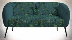 Canapé pour 2 personnes finition vert foncé motifs fleuris et d'oiseaux ambiance rétro, 140cm