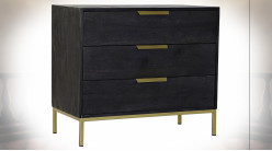 Commode à 3 tiroirs en bois de manguier finition noire et dorée ambiance moderne, 87cm