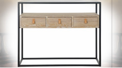 Console à 3 tiroirs en bois finition chêne clair, plateau en verre ondulé transparent ambiance atelier rétro, 100cm