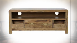 Meuble TV à 3 tiroirs en bois d'acacia finition naturelle ambiance chalet, 115cm