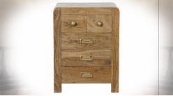 Table de chevet à 5 tiroirs en bois d'acacia finition naturelle ambiance chalet, 60cm