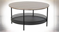 Table basse de style contemporain en métal noir et bois finition grisée, plateau inférieur avec galerie, Ø75cm