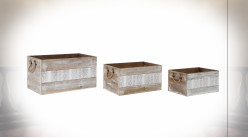 Série de 3 boîtes en bois finition naturelle blanchie et motifs géométriques de style Boho, 56cm