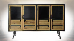 Buffet à 4 portes vitrées en bois de sapin et métal finition gris anthracite ambiance indrustrielle rétro, 120cm