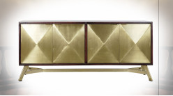Buffet à 4 portes dorées en relief et bois d'acacia finition brun foncé ambiance design vintage, 150cm