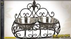Gamelle en métal noir avec deux bols en inox pour chiens ou chats
