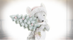 Figurine de petite souris en résine avec sapin sur l'épaule, ambiance Noël, 8cm