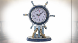 Horloge à poser en bois en forme de gouvernail de bateau, finition bleu usé, 30cm