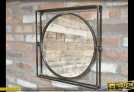 Miroir en métal vieilli de style industriel, encadrement carré et glace ronde avec effet 3D