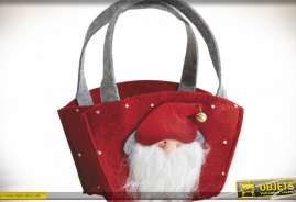 Panier cadeaux en forme de sac de courses avec anses grises motif tête de Père-Noël en relief