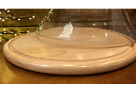 Cloche conique en verre et bois, support clair de forme ronde, 28cm de haut