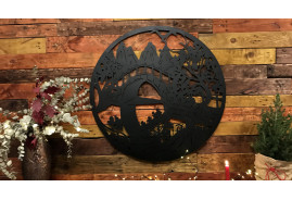 Grande décoration en métal en forme de disque avec paysage découpé, thème oriental, Ø98cm