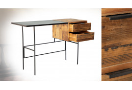 Bureau en bois et métal de style moderno linéaire, bloc tiroirs en sapin vieilli richement texturé, effet constrate marqué, 120cm de long