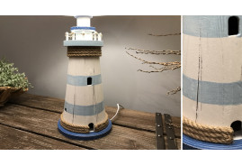Lampe de salon en bois en forme de phare, finition effet vieilli, abat jour en coton Ø30cm