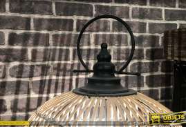 Lampadaire en bambou naturel et métal noir, sur triepied en forme de cage circulaire en lames de bambou