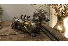 Objet décoratif rétro-futuriste, chien steampunk, teckel vaporiste