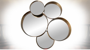 Décoration multi-miroirs ronds en métal doré avec important relief 66 cm
