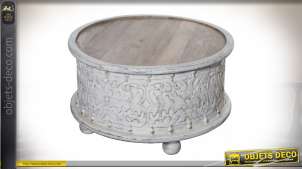 Table basse circulaire de style oriental patine blanche et bois naturel vieilli Ø 80 cm