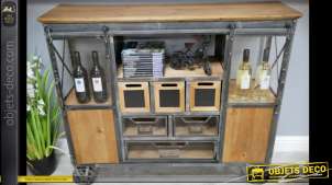 Meuble console bar style wagonnet industriel en bois et métal