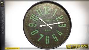 Horloge murale rétro en bois et métal coloris brun vieilli et vert menthe  80 cm