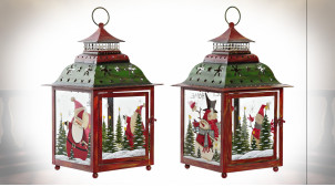 Série de deux lanternes carrées en verre et métal, ornées sur le thème de Noël 37 cm