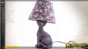 Lampe statuette de chat couleur lila avec abat-jour tissu assorti