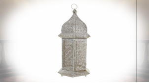 Lanterne blanche orientale hexagonale en métal effet moucharabieh blanc et doré 56 cm