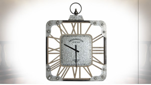 Grande horloge en métal et verre style style montre à gousset, finition indus, 81cm