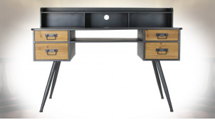 Bureau à 4 tiroirs en bois de sapin finition naturelle et métal gris anthracite de style industriel, 135cm