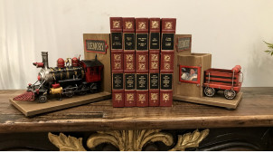 Paire de serre livres en bois et métal en forme de locomotive, thème train, 22cm