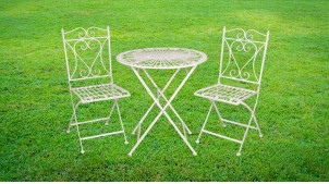 Salon de jardin 1 table et 2 chaises en fer forgé blanc antique