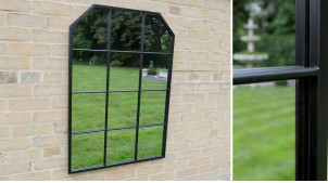 Grand miroir fenêtre avec encadrement en métal finition noir charbon, ambiance jardin d'hiver moderne, 100cm