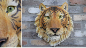 Tête de tigre murale en résine esprit trophée, effet réaliste coloré et vif, ambiance safari sauvage, Ø36cm