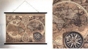 Toile murale à suspendre, motif d'ancienne carte du monde finition usée, ambiance vintage, 100cm