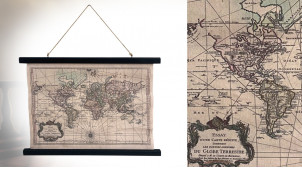 Planisphère sur toile à suspendre, ambiance vieille carte marine, finitions usées, 60cm