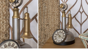 Horloge en forme d'ancien téléphone des années 20, finition vieil argent et doré ancien, 30cm