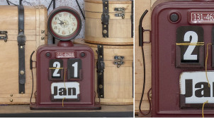 Pompe à essence version horloge et calendrier, en métal finition rouge vieilli, ambiance garage, 37cm