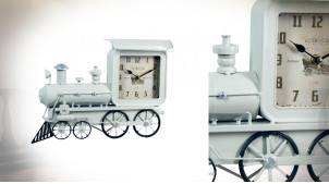 Locomotive en métal blanc effet vieilli version horloge rectangulaire, ambiance voies ferrées, 36cm