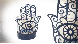 Support bougie en métal et verre avec main de Fatima finition noir effet ajouré, set de 2, 14cm