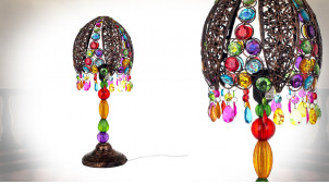 Lampe de chevet de style oriental en métal cuivré et pampilles en acrylique, ambiance colorée chic, 52cm