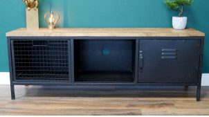Meuble TV en bois de manguier et métal finition noir charbon, ambiance indus avec tiroir grillagé, 160cm